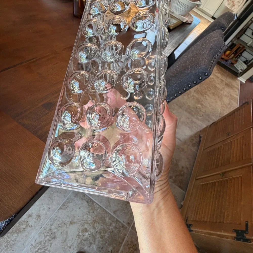 Vintage Rectangular Clear Glass Hobnail Bubble Texture Vase 8 Inch Tall MCM